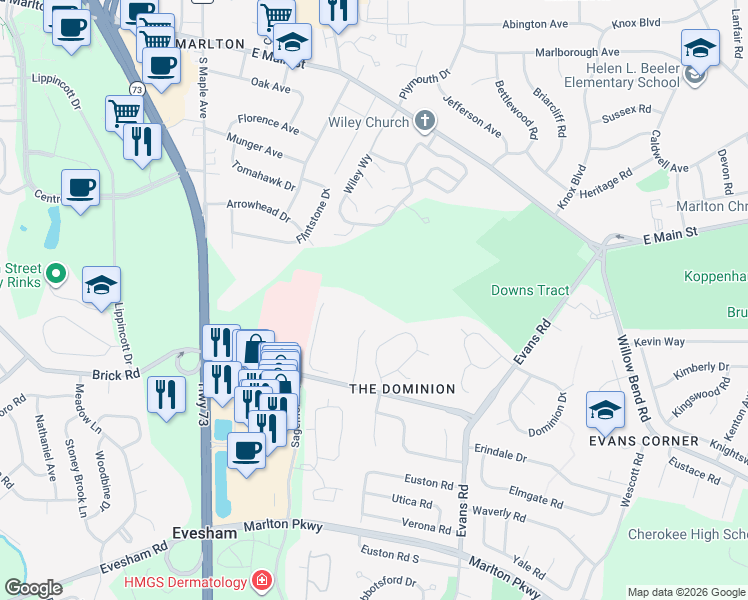 map of restaurants, bars, coffee shops, grocery stores, and more near 1000 Hailey Drive in Evesham
