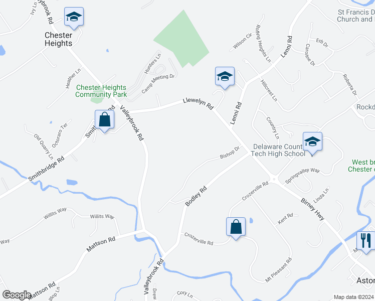 map of restaurants, bars, coffee shops, grocery stores, and more near 90 Bishop Drive in Aston
