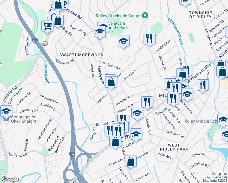 map of restaurants, bars, coffee shops, grocery stores, and more near 511 Colwell Road in Woodlyn