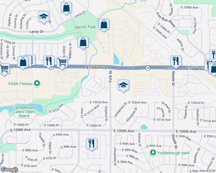 map of restaurants, bars, coffee shops, grocery stores, and more near 2237 East 103rd Court in Thornton