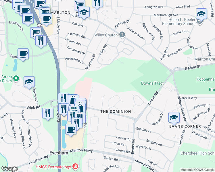 map of restaurants, bars, coffee shops, grocery stores, and more near 1000 Hailey Drive in Evesham