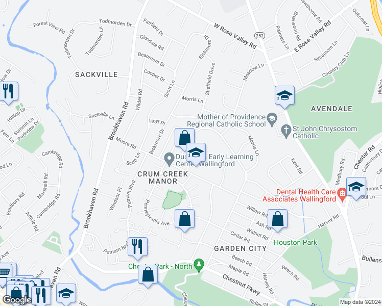 map of restaurants, bars, coffee shops, grocery stores, and more near 609 School Lane in Nether Providence Township
