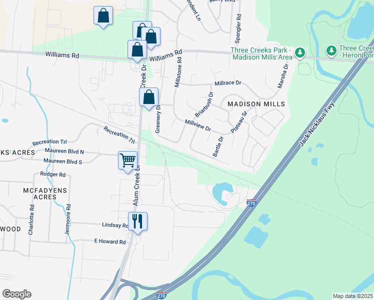 map of restaurants, bars, coffee shops, grocery stores, and more near 4100 Wintertime Drive in Columbus