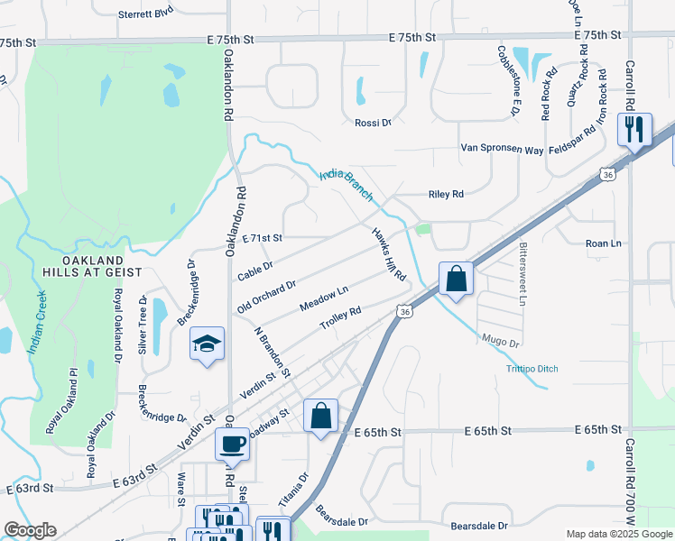map of restaurants, bars, coffee shops, grocery stores, and more near 12040 Old Orchard Drive in Indianapolis