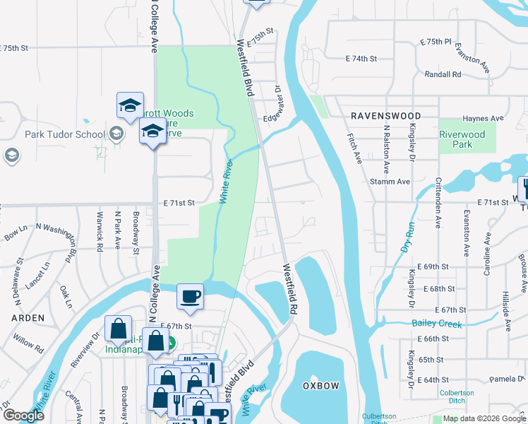 map of restaurants, bars, coffee shops, grocery stores, and more near 7140 Westfield Boulevard in Indianapolis