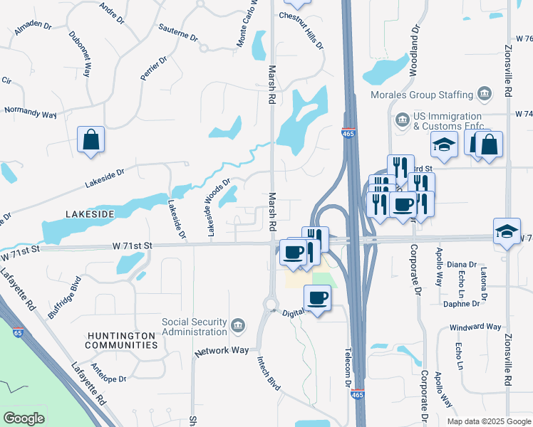 map of restaurants, bars, coffee shops, grocery stores, and more near 6402 Marsh Road in Indianapolis
