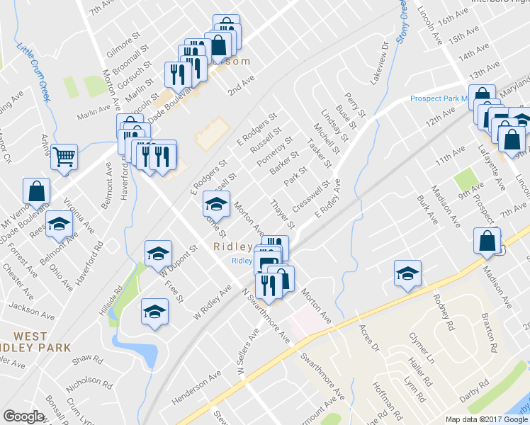 map of restaurants, bars, coffee shops, grocery stores, and more near 211 Penn Street in Ridley Park
