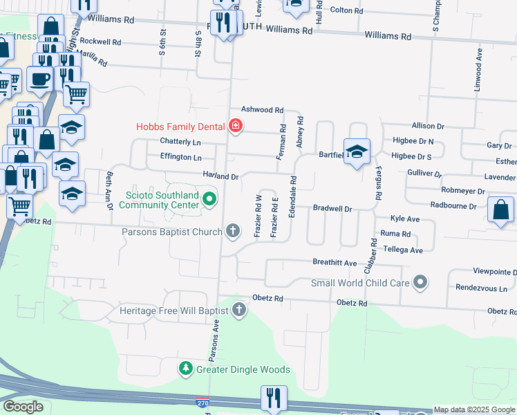 map of restaurants, bars, coffee shops, grocery stores, and more near Frazier Road West in Columbus