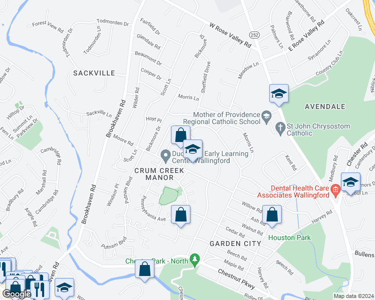 map of restaurants, bars, coffee shops, grocery stores, and more near 609 School Lane in Nether Providence Township