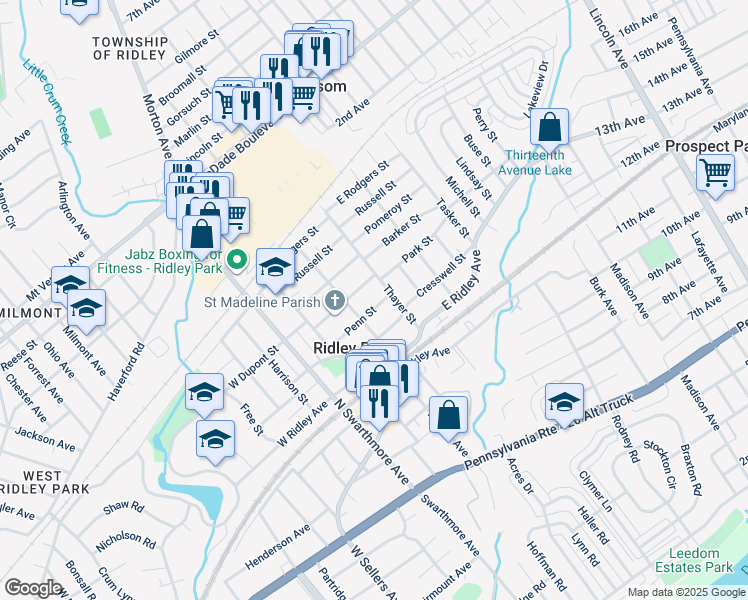 map of restaurants, bars, coffee shops, grocery stores, and more near 211 Penn Street in Ridley Park
