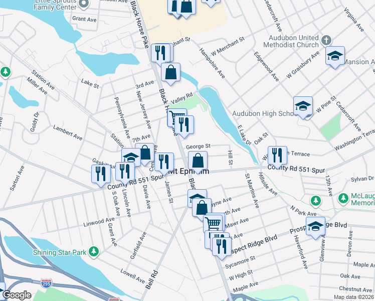 map of restaurants, bars, coffee shops, grocery stores, and more near 27 George Street in Mount Ephraim