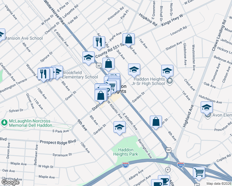 map of restaurants, bars, coffee shops, grocery stores, and more near 131 White Horse Pike in Haddon Heights