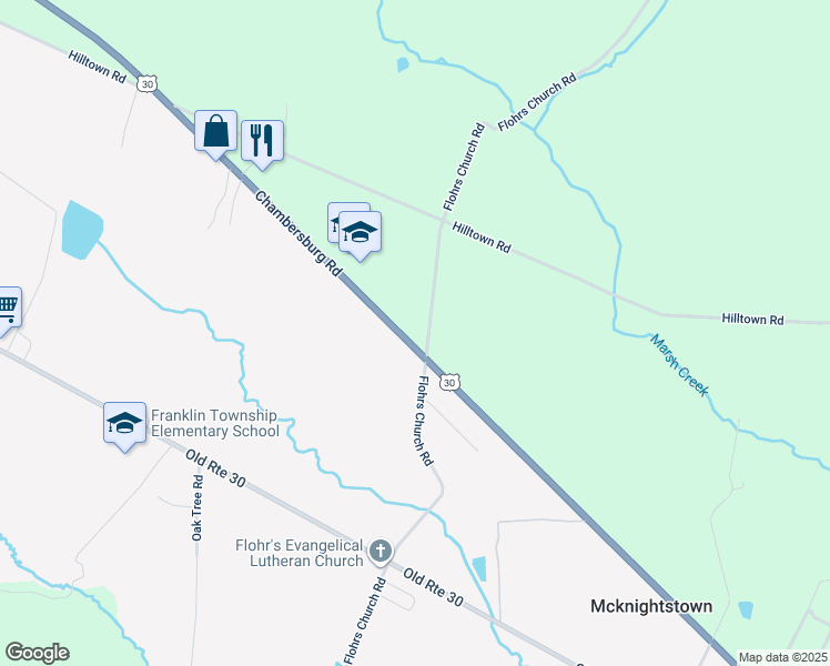 map of restaurants, bars, coffee shops, grocery stores, and more near 3325 Chambersburg Road in Biglerville