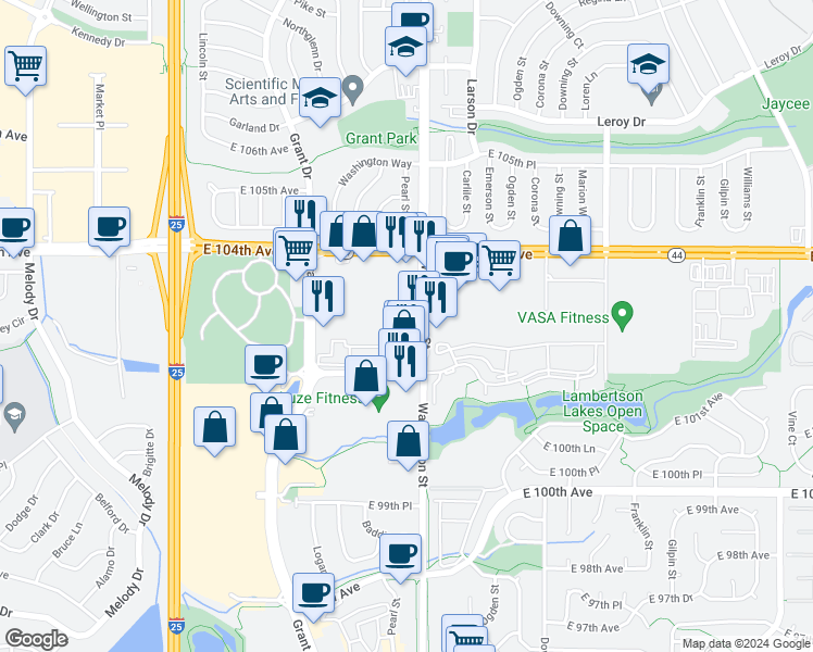 map of restaurants, bars, coffee shops, grocery stores, and more near 10301 Washington St in Denver