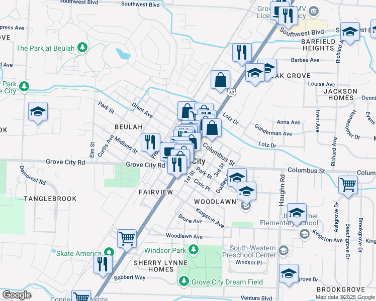 map of restaurants, bars, coffee shops, grocery stores, and more near 3425 Grant Avenue in Grove City