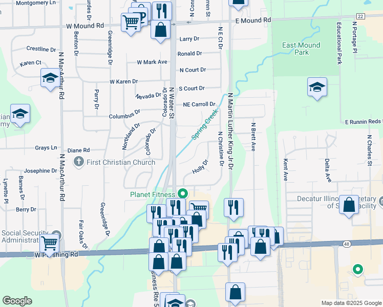 map of restaurants, bars, coffee shops, grocery stores, and more near 304 East Holiday Drive in Decatur