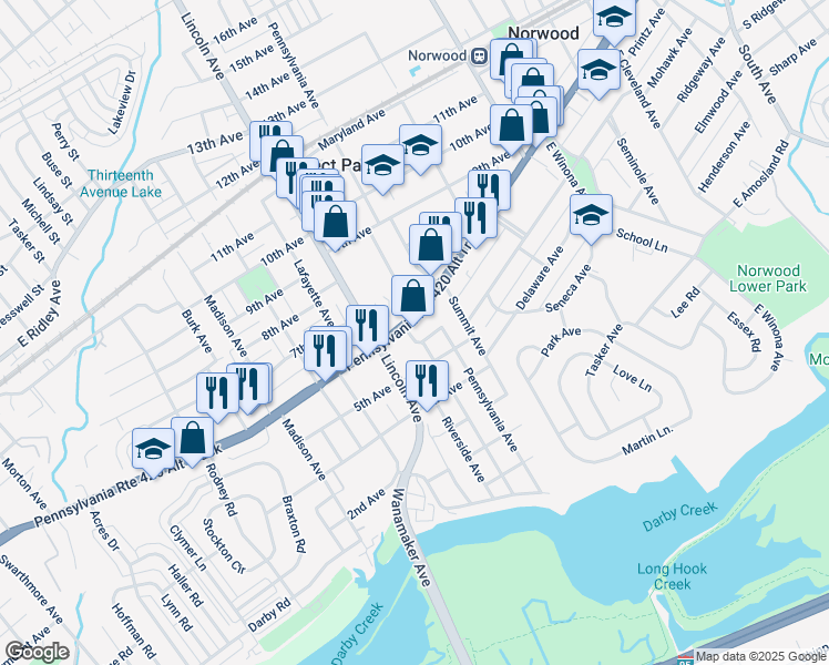 map of restaurants, bars, coffee shops, grocery stores, and more near 734 U.S. 13 in Prospect Park