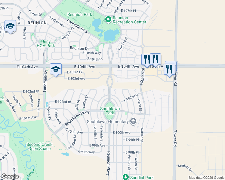map of restaurants, bars, coffee shops, grocery stores, and more near 10291 Truckee Court in Commerce City