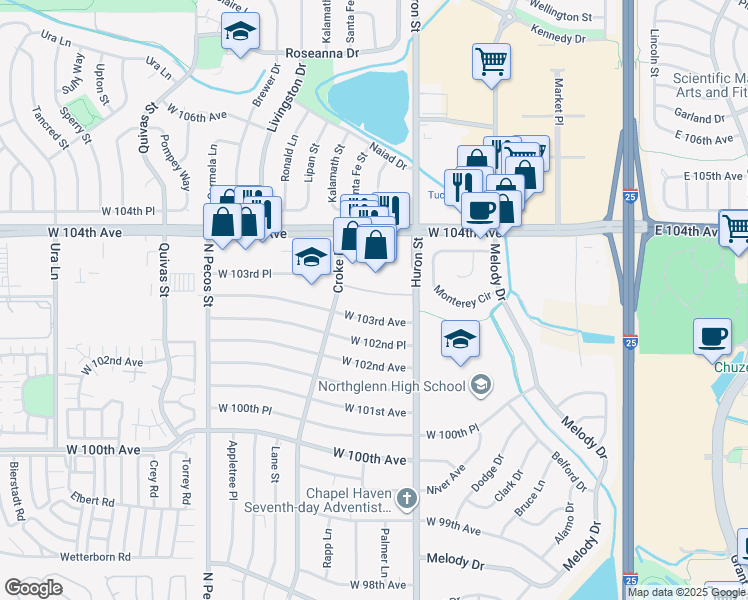 map of restaurants, bars, coffee shops, grocery stores, and more near 970 West 104th Avenue in Northglenn