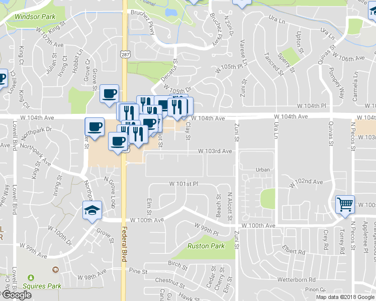 map of restaurants, bars, coffee shops, grocery stores, and more near East Kenyon Avenue in Denver