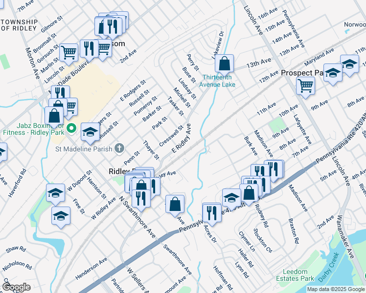 map of restaurants, bars, coffee shops, grocery stores, and more near 404 Cresswell Street in Ridley Park