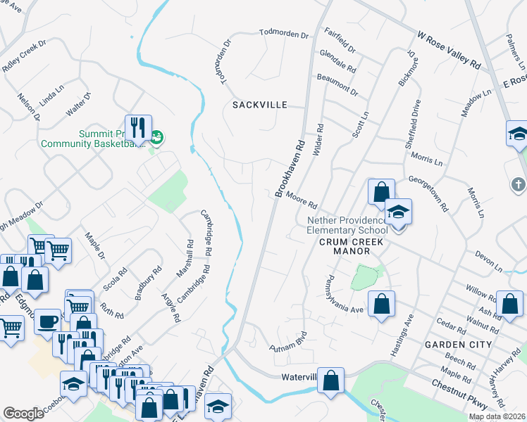 map of restaurants, bars, coffee shops, grocery stores, and more near 707 Brookhaven Road in Nether Providence Township