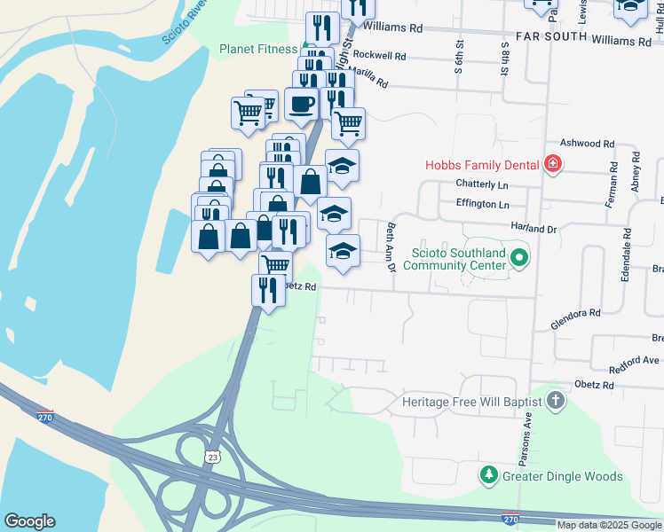 map of restaurants, bars, coffee shops, grocery stores, and more near 102 Obetz Road in Columbus