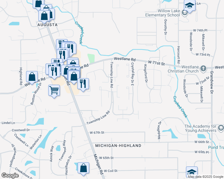 map of restaurants, bars, coffee shops, grocery stores, and more near 7110 Township Line Road in Indianapolis