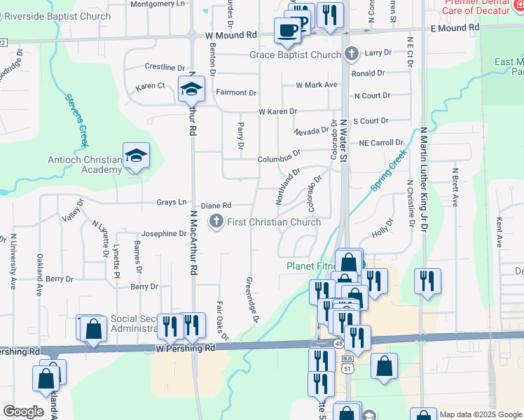 map of restaurants, bars, coffee shops, grocery stores, and more near 52 Greenridge Drive in Decatur