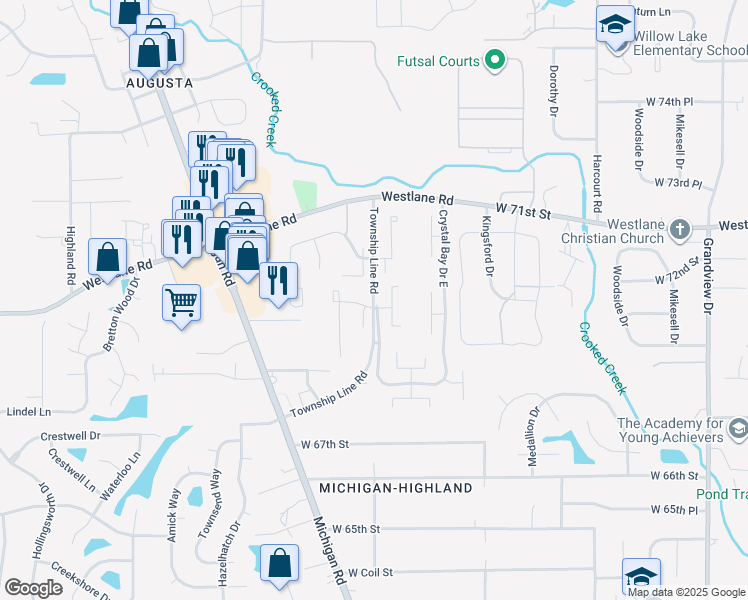 map of restaurants, bars, coffee shops, grocery stores, and more near 7110 Township Line Road in Indianapolis
