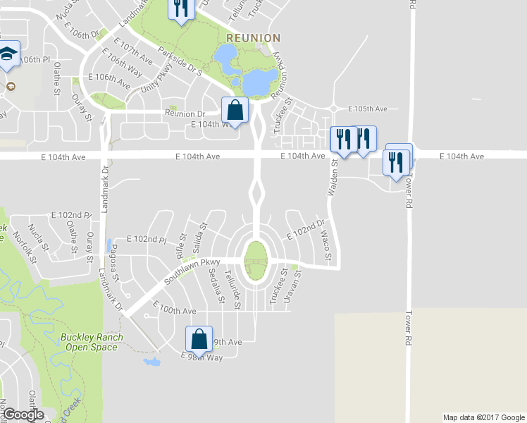 map of restaurants, bars, coffee shops, grocery stores, and more near 10291 Truckee Court in Commerce City