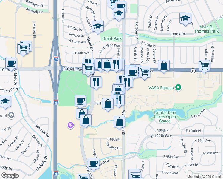 map of restaurants, bars, coffee shops, grocery stores, and more near 10301 Washington Street in Denver