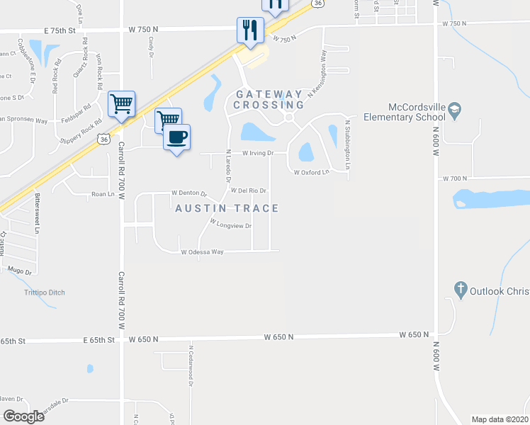 map of restaurants, bars, coffee shops, grocery stores, and more near 6892 North Abilene Way in McCordsville