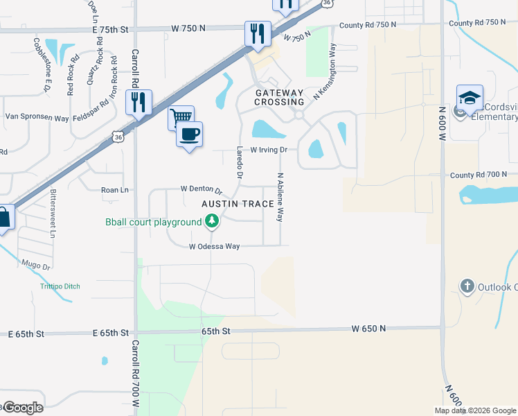 map of restaurants, bars, coffee shops, grocery stores, and more near 6630 West Denton Drive in McCordsville