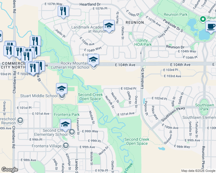 map of restaurants, bars, coffee shops, grocery stores, and more near 16545 East 102nd Place in Commerce City
