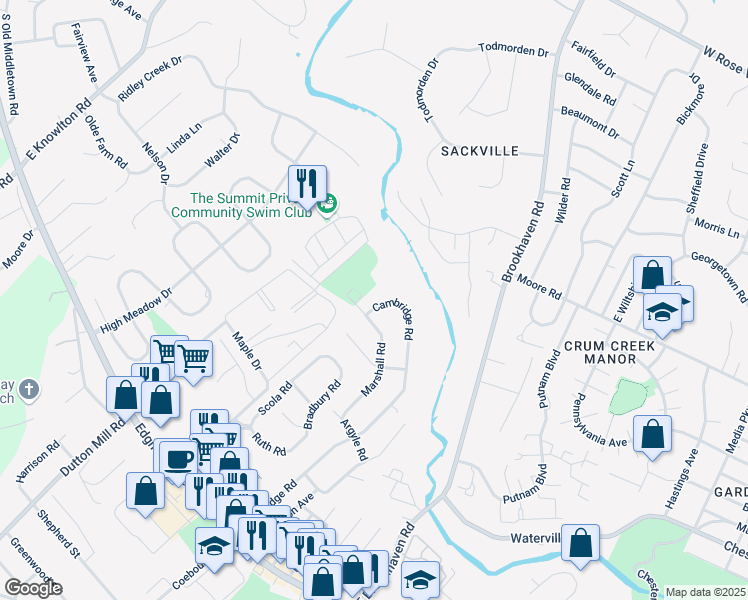 map of restaurants, bars, coffee shops, grocery stores, and more near 728 Cambridge Road in Brookhaven