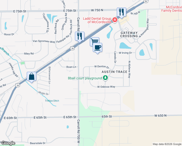 map of restaurants, bars, coffee shops, grocery stores, and more near 6909 North Karnes Drive in McCordsville