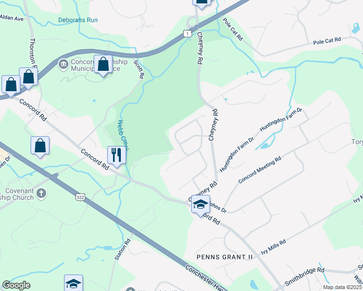map of restaurants, bars, coffee shops, grocery stores, and more near 7 Millwright Drive in Glen Mills