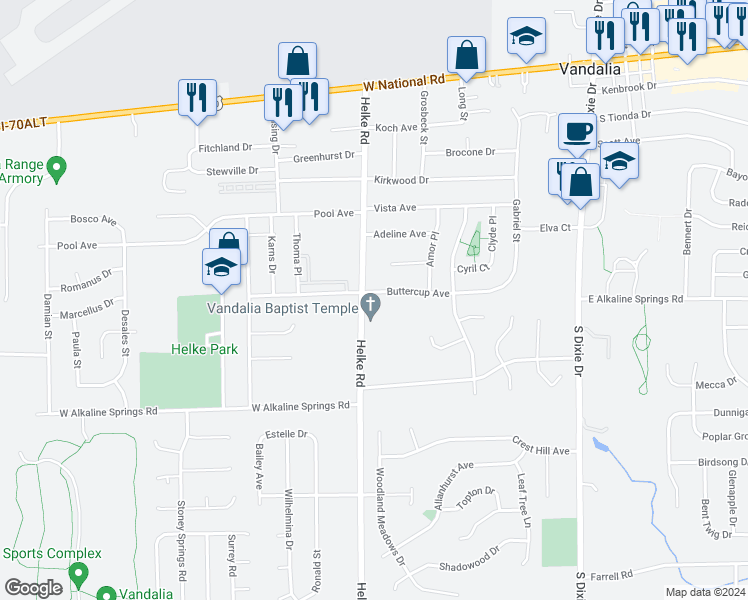 map of restaurants, bars, coffee shops, grocery stores, and more near 564 Buttercup Avenue in Vandalia