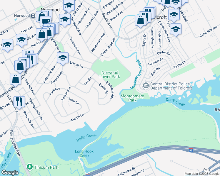 map of restaurants, bars, coffee shops, grocery stores, and more near 512 East Winona Avenue in Norwood