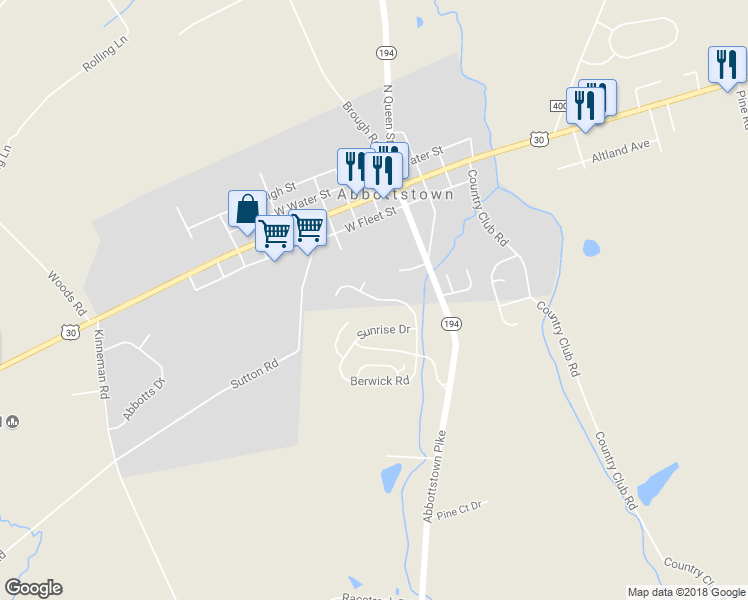 map of restaurants, bars, coffee shops, grocery stores, and more near 124 Sunrise Drive in Abbottstown