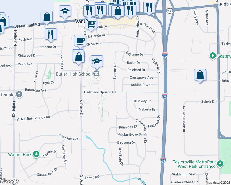 map of restaurants, bars, coffee shops, grocery stores, and more near 336 East Alkaline Springs Road in Vandalia