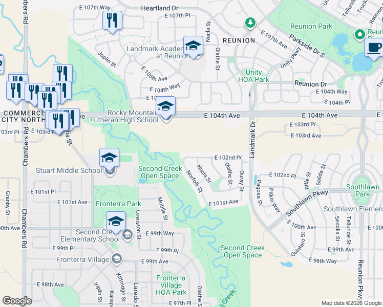 map of restaurants, bars, coffee shops, grocery stores, and more near 16545 East 102nd Place in Commerce City