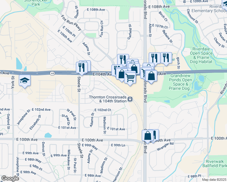 map of restaurants, bars, coffee shops, grocery stores, and more near 3281 East 103rd Place in Thornton