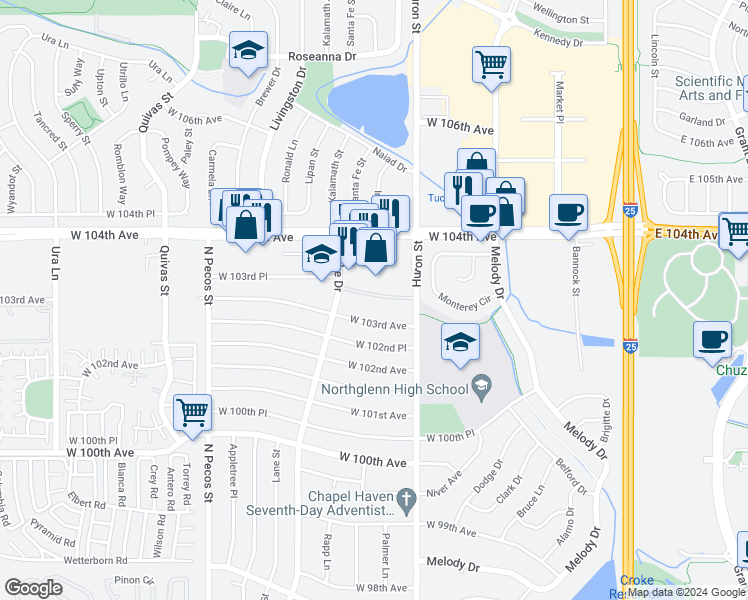 map of restaurants, bars, coffee shops, grocery stores, and more near 970 West 104th Avenue in Northglenn