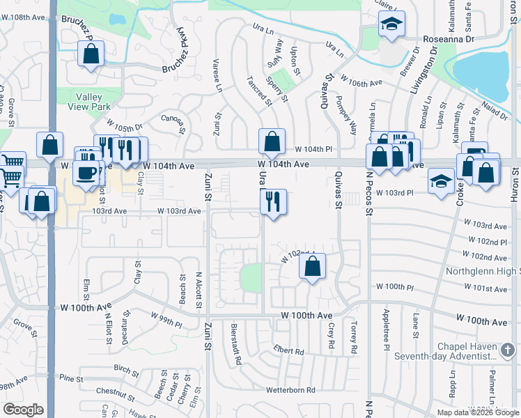 map of restaurants, bars, coffee shops, grocery stores, and more near 1995 West 103rd Avenue in Denver