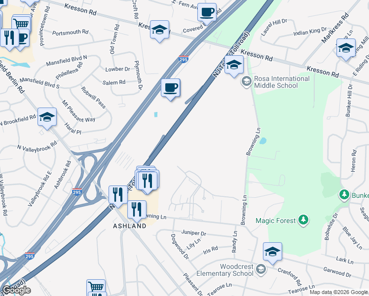 map of restaurants, bars, coffee shops, grocery stores, and more near New Jersey Turnpike in Cherry Hill