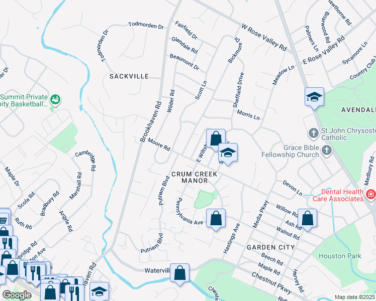 map of restaurants, bars, coffee shops, grocery stores, and more near 616 Bickmore Drive in Delaware County