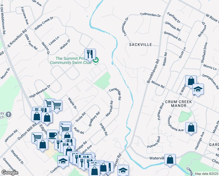 map of restaurants, bars, coffee shops, grocery stores, and more near 728 Cambridge Road in Brookhaven