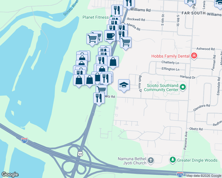 map of restaurants, bars, coffee shops, grocery stores, and more near 52 Southland Mall in Columbus